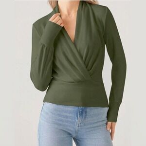 OGL Women Small Deep Olive Green Wrap Top Eco-Mousse Shawl Collar Long Sleeve